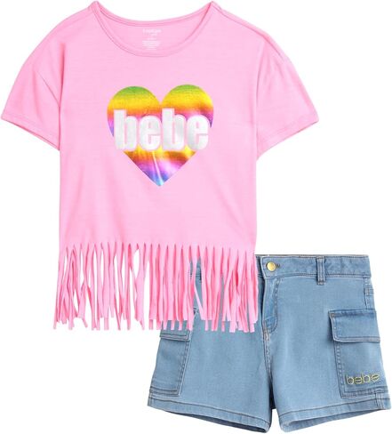 bebe Girls' Shorts Set - 2 Piece Casual Finge T-Shirt and Denim Cargo Shorts - Summer Graphic Top and Shorts Outfit Set, 7-12 in Saudi Arabia