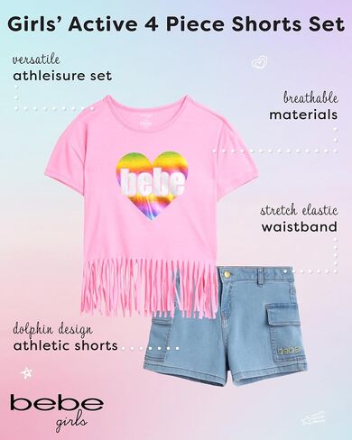 bebe Girls' Shorts Set - 2 Piece Casual Finge T-Shirt and Denim Cargo Shorts - Summer Graphic Top and Shorts Outfit Set, 7-12 in Saudi Arabia
