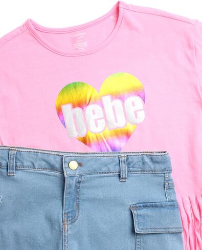 bebe Girls' Shorts Set - 2 Piece Casual Finge T-Shirt and Denim Cargo Shorts - Summer Graphic Top and Shorts Outfit Set, 7-12 in Saudi Arabia