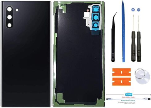 غطاء خلفي زجاجي للبطارية، غطاء خلفي بديل لباب سامسونج جالاكسي نوت 10 نوت 10 N970 N970U مع شريط عدسة زجاجي للكاميرا مثبت مسبقًا + كابل شحن USB قصير (أسود) in Kuwait