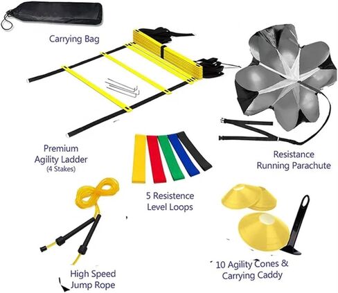 Agility Ladder (with 4 Stakes), Resistance Running Parachute, 4 Agility Hurdles, 10 Agility Cones & Carrying Caddy, 5 Resistence Level Loops, High Speed Jump Rope with Carrying Bag in Saudi Arabia