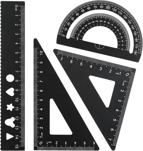 4Pcs Triangular Scale Ruler Set, Geometric Protractor Mathematical Triangle Ruler Aluminum Ruler for School and Office Supplies Math Rulers for Kids and Adults Draftsman(Black) in Saudi Arabia