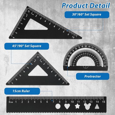 4Pcs Triangular Scale Ruler Set, Geometric Protractor Mathematical Triangle Ruler Aluminum Ruler for School and Office Supplies Math Rulers for Kids and Adults Draftsman(Black) in Saudi Arabia