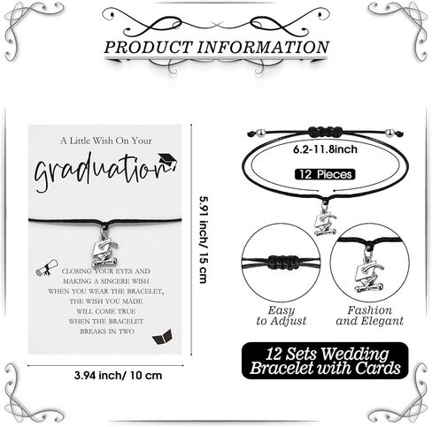 12 مجموعة من أساور قبعة التخرج 2024، هدايا التخرج، فئة 2024، أساور أمنيات ملهمة، سحر بطاقة الرغبات للنساء، الطالب، الكلية، المدرسة in Kuwait