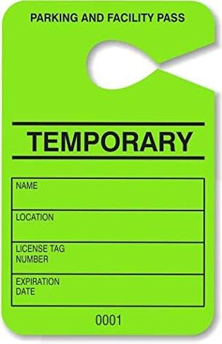 Hang Tag Parking Permit - Contractor Parking Pass - Numbered Facility Pass - Car Parking Management - HViz Neon Yellow 100 Units - Disclaimer on Back -10point/250gms Card Stock - Large 3.5 x 5.5 in. in Saudi Arabia