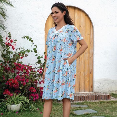 House Dresses for women Soft Cotton Nightgowns Night Shirts Short Sleeve Sleepwear with Pockets in Kuwait