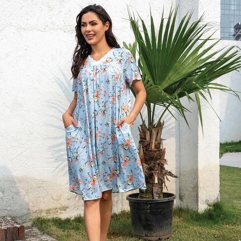 House Dresses for women Soft Cotton Nightgowns Night Shirts Short Sleeve Sleepwear with Pockets in Kuwait