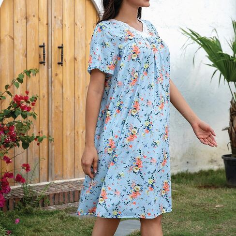 House Dresses for women Soft Cotton Nightgowns Night Shirts Short Sleeve Sleepwear with Pockets in Kuwait