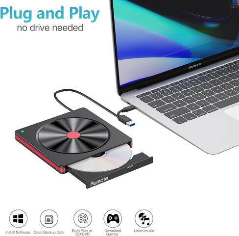 محرك أقراص CD/DVD خارجي لأجهزة الكمبيوتر المحمول، USB 3.0 CD DVD +/-RW ناسخ أقراص مضغوطة محرك أقراص DVD خارجي قارئ أقراص مضغوطة ومشغل DVD لأجهزة الكمبيوتر المحمول وأجهزة Mac MacBook وسطح المكتب Windows 11/10/8.1/7 Linux in Kuwait
