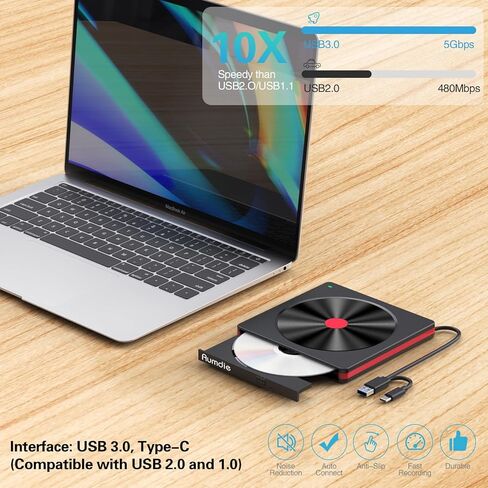 محرك أقراص CD/DVD خارجي لأجهزة الكمبيوتر المحمول، USB 3.0 CD DVD +/-RW ناسخ أقراص مضغوطة محرك أقراص DVD خارجي قارئ أقراص مضغوطة ومشغل DVD لأجهزة الكمبيوتر المحمول وأجهزة Mac MacBook وسطح المكتب Windows 11/10/8.1/7 Linux in Kuwait