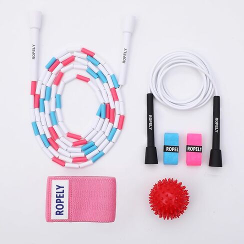 Skipping Rope 6-in-1 Jump Rope Set Beginner Friendly with Tangle Free Segmented Beaded Rope, PVC Rope, Massage Ball, Resistance Band, and Handle Tapes, Adjustable Length in Saudi Arabia