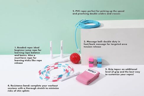 Skipping Rope 6-in-1 Jump Rope Set Beginner Friendly with Tangle Free Segmented Beaded Rope, PVC Rope, Massage Ball, Resistance Band, and Handle Tapes, Adjustable Length in Saudi Arabia