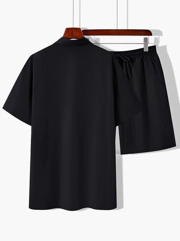 OYOANGLE Men's 2 Piece Outfits Color Block Short Sleeve Shirts and Drawstring Waist Shorts Set in Saudi Arabia