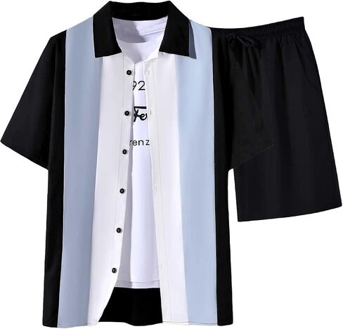 OYOANGLE Men's 2 Piece Outfits Color Block Short Sleeve Shirts and Drawstring Waist Shorts Set in Saudi Arabia