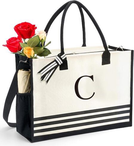 Initial Canvas Tote Bags, Personalized Monogrammed Graduation Birthday Gifts for Women Teachers Beach Tote Bags in Saudi Arabia