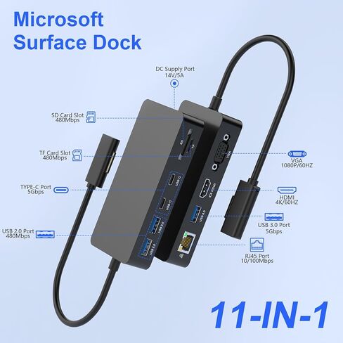 قاعدة شحن Microsoft Surface Dock 2 الجديدة مع 4K HDMI+VGA، قاعدة تركيب Microsoft Surface 11 في 1 لجهاز Microsoft Surface Pro 10/9/8/X/7/6/5/4/3، كمبيوتر محمول Surface 6/5/4/3/ 2/1، كمبيوتر محمول سيرفس جو 3/2/1، سيرفس بوك in Kuwait