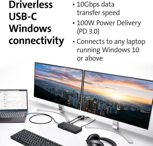 محطة إرساء Kensington ثلاثية العرض USB-C مع 100 واط PD لأجهزة Dell وHP وLenovo وAcer وASUS وRazer وSurface (أسود) in Kuwait