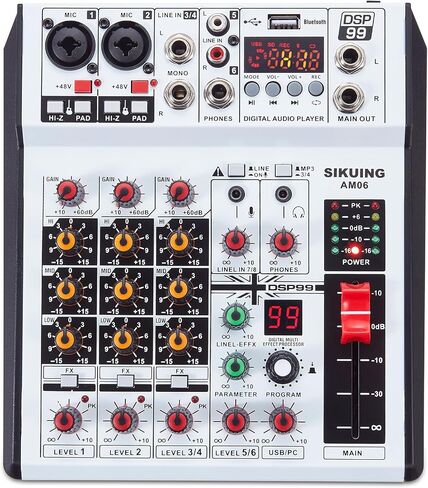 6 Channel Audio Mixer Professional Sound Board Console w/99 DSP Effects 48V Phantom Power Bluetooth USB Interface Stereo DJ Mixer Board for Karaoke Live Performance DJ Stage in Saudi Arabia
