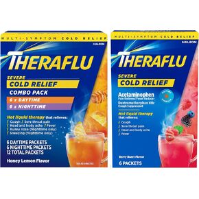 مجموعة Theraflu كومبو أثناء النهار والليل لتخفيف البرد الشديد بنكهة العسل والليمون ومسحوق نكهة التوت الشديد أثناء النهار، 6 نهارًا + 6 ليلًا، و6 عبوات مسحوق انفجار التوت in Kuwait