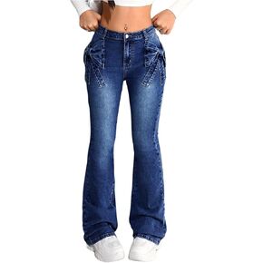 GORGLITTER Girl's Bow Flare Jeans Y2k Stretchy Low Waisted Denim Pants Bell Bottom Trousers in Saudi Arabia