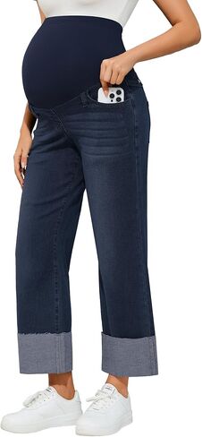PACBREEZE Women's Maternity Flare Jeans Mid-Rise Stretchy Bell Bootcut Jeans Denim Pregnancy Pants (Dark Blue, Medium) in Saudi Arabia