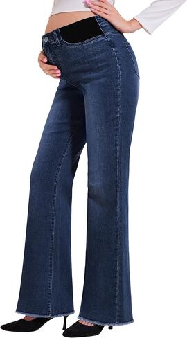 PACBREEZE Women's Maternity Flare Jeans Mid-Rise Stretchy Bell Bootcut Jeans Denim Pregnancy Pants (Dark Blue, Medium) in Saudi Arabia