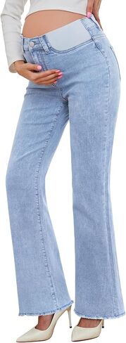 PACBREEZE Women's Maternity Flare Jeans Mid-Rise Stretchy Bell Bootcut Jeans Denim Pregnancy Pants (Dark Blue, Medium) in Saudi Arabia
