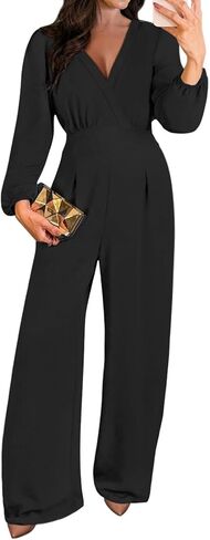Pink Queen 2025 Plestuitits for Women Long Long Sleeve v Neck Wide Leg Pants Romper Disuits in Saudi Arabia