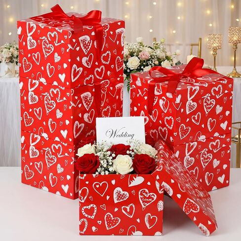 Gersoniel 6 Pcs Valentine's Day Gift Boxes 8" x 8" x 6" Heart Print Gift Boxes with Lid Ribbon for Valentines Presents Packaging Anniversaries Bridal Birthday Bridesmaid Wedding Party Favor(Red) in Saudi Arabia