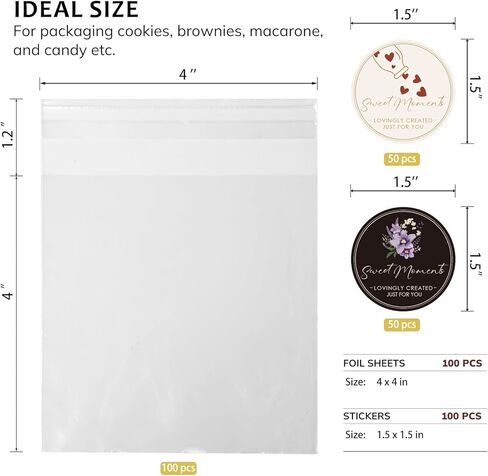 LUXCONE 4x6 Inch Clear Cookie Bags With Seal, 100PCS Individual Cookie Wrappers with Stickers, Self Sealing Cellophane Bags for Packaging Treats, Gift Giving and Party Favors in Kuwait