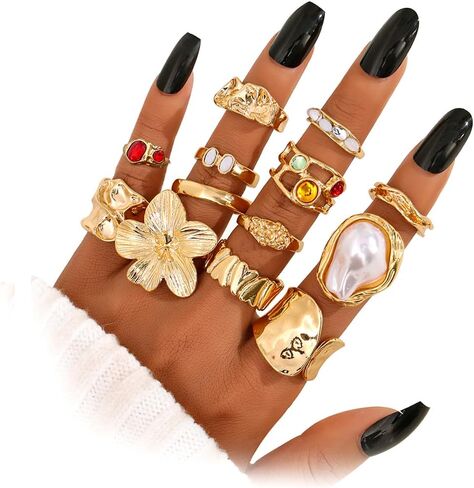 KISS WIFE 13 Pcs Golden Chunky Rings Set for Women, Big Flower Artificial Crystal Baroque Pearl Irregular Stackable Knuckle Rings Pack, Vintage Chunky Jewelry Gift in Saudi Arabia