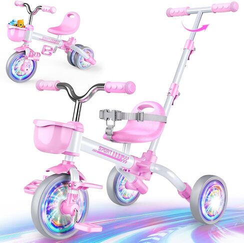 5 in 1 Toddler Bike for 1-5 Year Old, Tricycle with Push Handle, Convertible Baby Balance Bike, Bicycle, Color Light Wheel & Detachable Pedal, 4-Position Seat, Toddler Girl Birthday Gift, Toy in Saudi Arabia