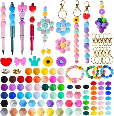 236 قطعة من خرز السيليكون لصنع سلسلة المفاتيح، مجموعة خرز سيليكون متعدد الألوان، مجموعة أساور خرز مطاطية مستديرة للأقلام والقلائد وصنع المجوهرات والهدايا اليدوية in Kuwait