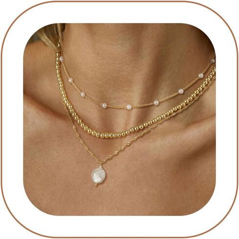 Hothty Gold Layered Charm Necklaces for Women, Dainty Stackable Simple Waterproof Choker Necklace Seashell Pearl Beach Necklaces Set Jewelry Gifts in Saudi Arabia