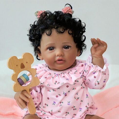 SCOM Black Reborn Baby Doll - 18 Inch Realistic African American Girl, Looking Real Lifelike Baby with Soft Cloth, Newborn Weighted Brown Hispanic Doll with Full Vinyl Body for 3 4 5 6 + Year Old Gift in Saudi Arabia