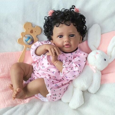 SCOM Black Reborn Baby Doll - 18 Inch Realistic African American Girl, Looking Real Lifelike Baby with Soft Cloth, Newborn Weighted Brown Hispanic Doll with Full Vinyl Body for 3 4 5 6 + Year Old Gift in Saudi Arabia