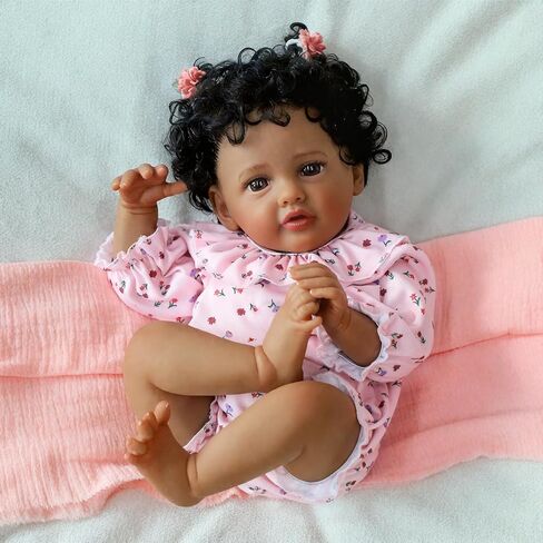 SCOM Black Reborn Baby Doll - 18 Inch Realistic African American Girl, Looking Real Lifelike Baby with Soft Cloth, Newborn Weighted Brown Hispanic Doll with Full Vinyl Body for 3 4 5 6 + Year Old Gift in Saudi Arabia