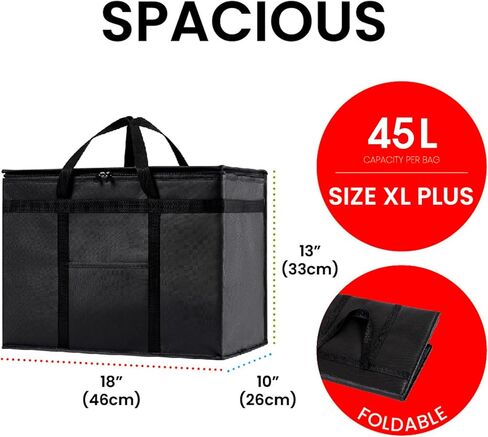 حقيبة تبريد معزولة من NZ home وجهاز تسخين الطعام (XL Plus، 4 عبوات) لتوصيل الطعام وتسوق البقالة مع جزء علوي بسحاب، أسود in Kuwait