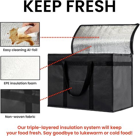 حقيبة تبريد معزولة من NZ home وجهاز تسخين الطعام (XL Plus، 4 عبوات) لتوصيل الطعام وتسوق البقالة مع جزء علوي بسحاب، أسود in Kuwait