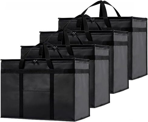 حقيبة تبريد معزولة من NZ home وجهاز تسخين الطعام (XL Plus، 4 عبوات) لتوصيل الطعام وتسوق البقالة مع جزء علوي بسحاب، أسود in Kuwait