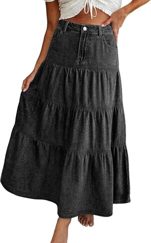EMMIOL Long Denim Skirt for Women - Mid High Waisted A-Line Jean Maxi Skirts Dark Wash Tiered Swing Jean Skirt with Pockets in Saudi Arabia