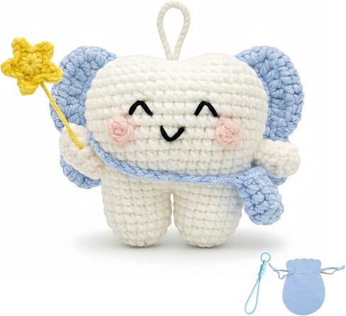 Tooth Fairy Crochet Plush with Detachable Tooth Pouch & Key Ring, Mini Tooth Holder Door Hanger for Lost Teeth, Includes Velvet Drawstring Bag, Tooth Fairy Pillow Alternative (Pink) in Kuwait