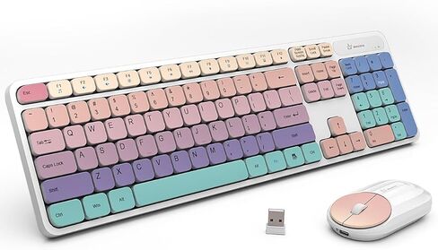 Colorful Computer Wireless Keyboard Mouse Combos, Rechargeable 2.4GHz Cordless Full-Sized Keyboard and Mouse, Compatible with PC/Laptop/Desktop, for School & Home Office(White-Rainbow) in Saudi Arabia