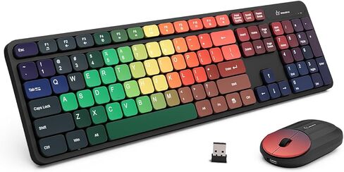 Colorful Computer Wireless Keyboard Mouse Combos, Rechargeable 2.4GHz Cordless Full-Sized Keyboard and Mouse, Compatible with PC/Laptop/Desktop, for School & Home Office(White-Rainbow) in Saudi Arabia