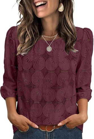 Sampeel Women Blouses Dressy Casual 3/4 Length Sleeve Tops Eyelet Lace Spring Summer Shirts Beach Vacation Clothes in Saudi Arabia