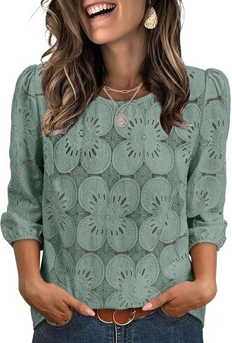 Sampeel Women Blouses Dressy Casual 3/4 Length Sleeve Tops Eyelet Lace Spring Summer Shirts Beach Vacation Clothes in Saudi Arabia