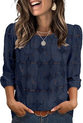 Sampeel Women Blouses Dressy Casual 3/4 Length Sleeve Tops Eyelet Lace Spring Summer Shirts Beach Vacation Clothes in Saudi Arabia