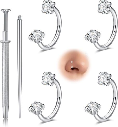 Longita 18g Horseshoe Nose Ring for Women Double Gem Horse Shoe Nose Ring Hoop 6mm 7mm Surgical Steel Silver Cartilage Helix Tragus Earring Hoops Labret Lip Piercing Jewelry Small Septum Rings 18g in Saudi Arabia
