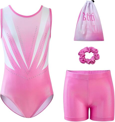 Girls Gymnastics Leotard Set with Shorts and Scrunchie 4 Piece Sparkle Training Outfit for Dance Practice in Saudi Arabia