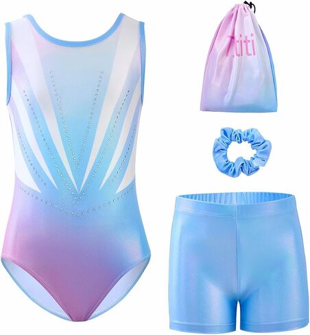 Girls Gymnastics Leotard Set with Shorts and Scrunchie 4 Piece Sparkle Training Outfit for Dance Practice in Saudi Arabia